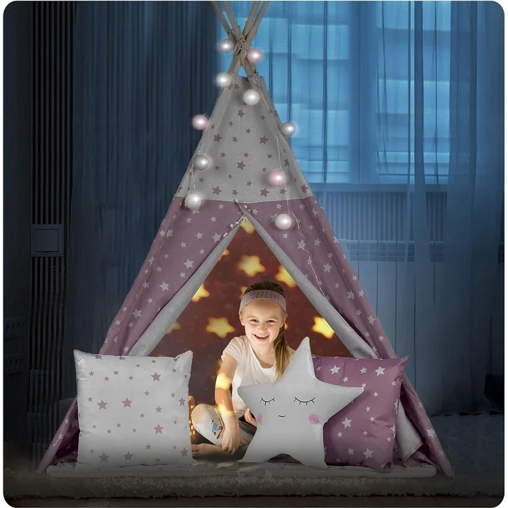 NUKIDO Kindertipi im Montessori-Stil Baumwolle und Holzrahmen mit Isoliermatte 3 Kissen Girlande Luftig 120 x 120 x 165 cm Rosa mit Sternen – Bild 9