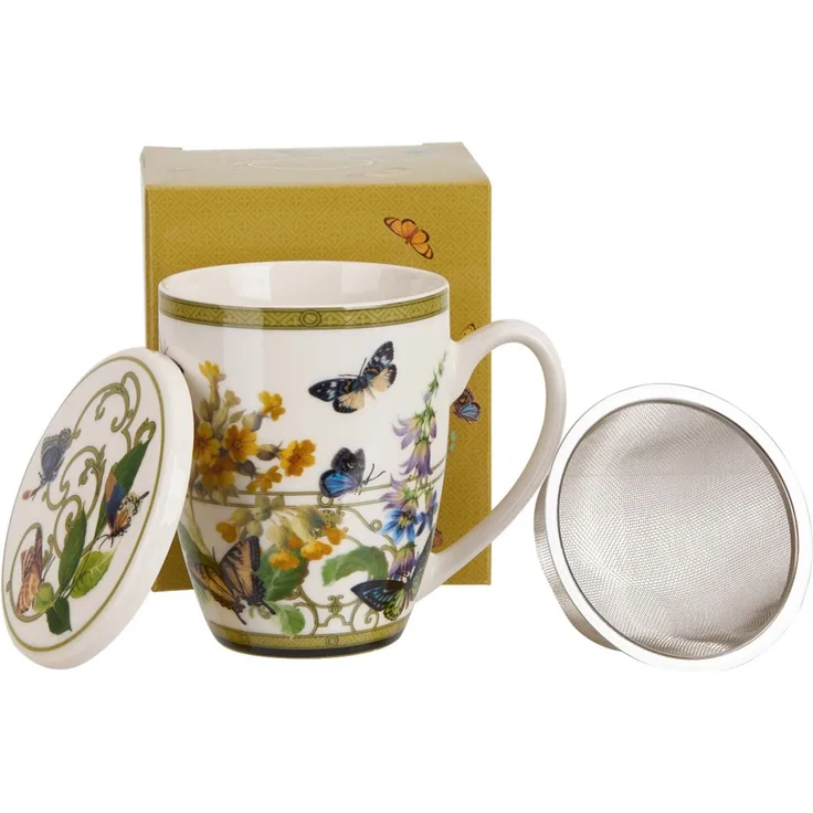 DUO Becher FLORAL RHAPSODY, 360 ml, mit Teesieb und Deckel, New Bone China Porzellan