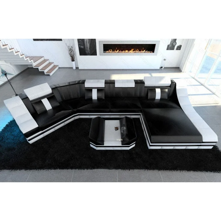 Sofa Dreams - Mini Luxus Wohnlandschaft Turino C-Form mit LED - Echtleder - Schwarz-Weiß - Links – Bild 4