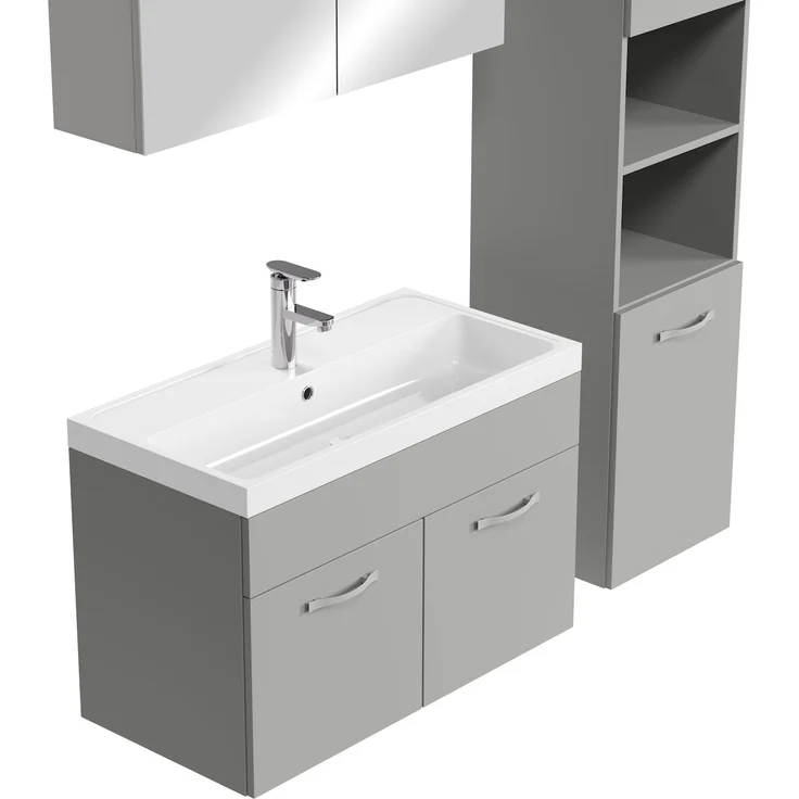Badplaats Badmöbel Komplettset Paso LED 80x40 cm Grau Matt - Badezimmermöbel mit Waschbecken, Spiegelschrank und Badezimmerschrank – Bild 3
