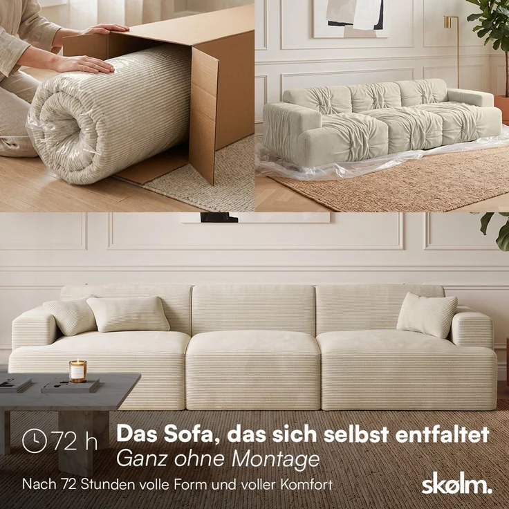 skølm 'Freki' Cloud Sofa 3 Sitzer, Vollschaumcouch mit Federkern und Vakuum-Kompression, kein Aufbau erforderlich, mit 3 Kissen, Cord beige – Bild 3