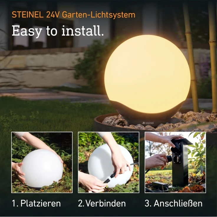 Steinel LED-Kugelleuchte Sphera C 24V Ø 300 mm, 16 Mio. Farben, App-Steuerung, Plug & Play, Helligkeitssensor, IP65, für Garten und Terrasse, Weiß – Bild 3