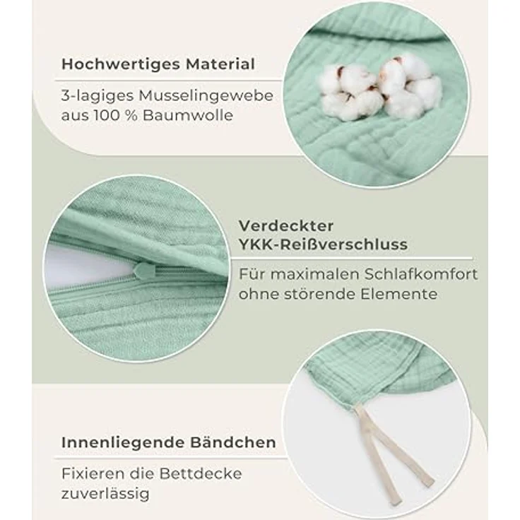 Laynenburg Bettwäsche Musselin aus 100% Baumwolle in 135x200 oder 155x220 cm, atmungsaktiv & bügelfrei – 3 lagig mit Reißverschluss & Haltebändern – Bild 6
