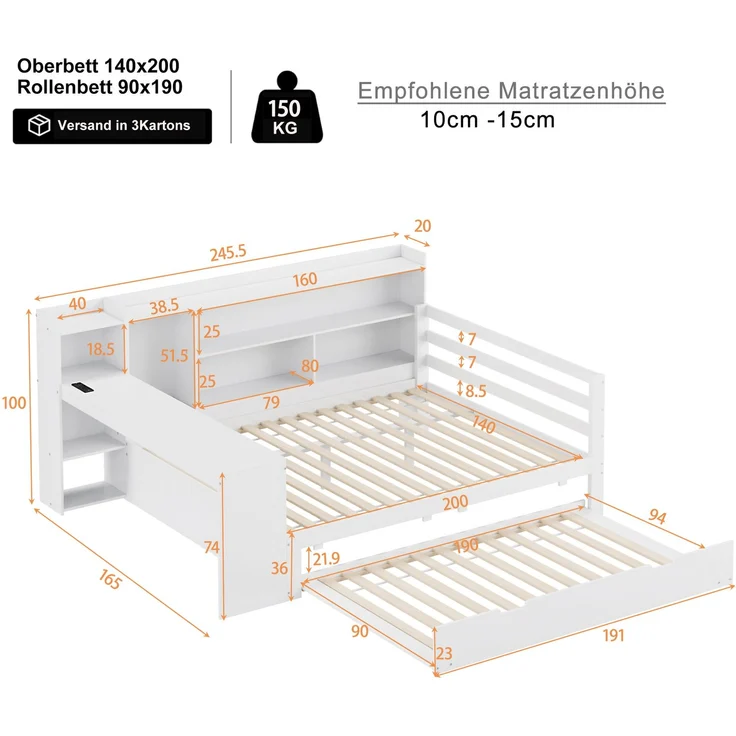 Multifunktionales Massivholz-Schlafsofa mit Ausziehbett, Regalen & USB-Steckdose, Doppelbett mit Stauraum, Weiß – Bild 5