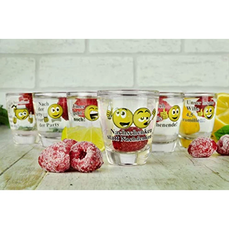 Sendez Schnapsglas 6 Schnapsgläser mit Sprüchen Shots Stamper Wodkagläser Barrel, 6-tlg, Glas – Bild 3