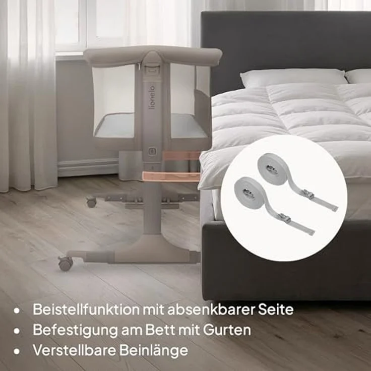 Lionelo Pari Beistellbett 3in1, 6-Fach höhenverstellbar mit Neigungsverstellung für Boxspringbett, als Wiege & Babybett, Netzseiten, Rollen mit Bremse, Matratze, Gurte, Transporttasche, 84x48 cm – Bild 3