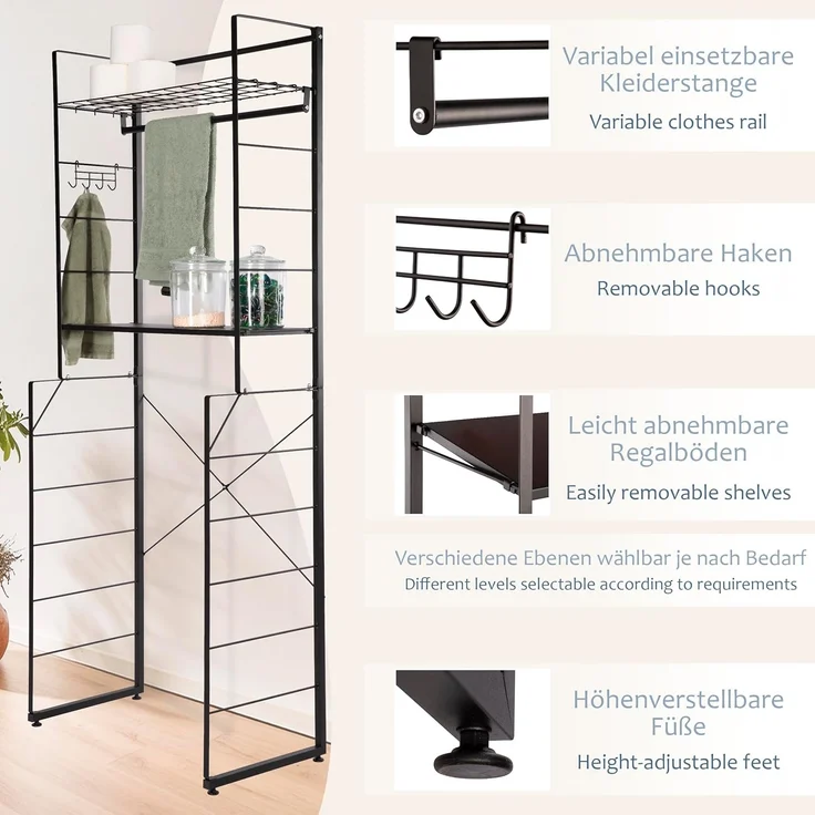ONVAYA Waschmaschinenumbauschrank mit Kleiderstange und 4 Haken ǀ Waschmaschinenregal ǀ schwarz – Bild 6
