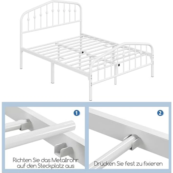 Yaheetech Bettrahmen 140 x 200 cm, Vintage Metallbett mit kronenförmigem Kopfteil, Stabiles Bettgestell Doppelbett aus Metall, Robust & Leichte Montage Gästebett Jugendbett Tagesbett, Weiß – Bild 8