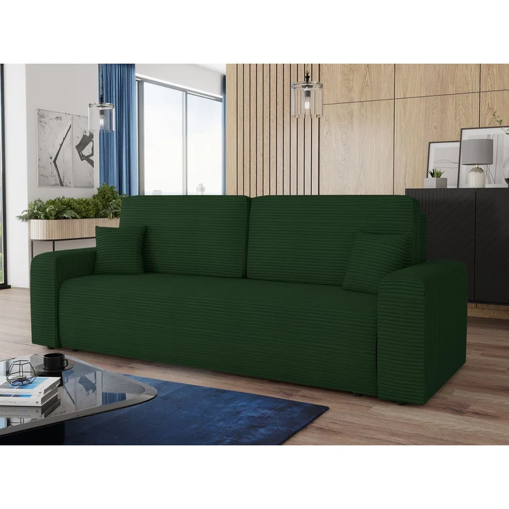 Schlafsofa Spark – Sofa mit Schlaffunktion und Bettkasten, Bonellfederkern, Cordbezug, große Schlaffläche, modernes Polstersofa & Bettsofa (Grün (Poso 014)) – Bild 1