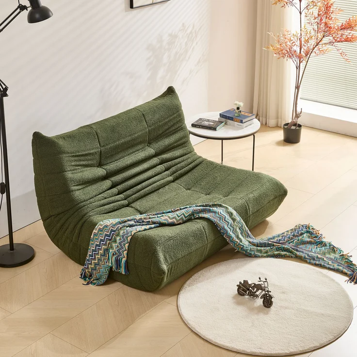 2-Sitzer Loungesofa aus Teddy-Vlies mit Plisseefalten-Design, ergonomisch, 149x114x82 cm, Grün – Bild 3