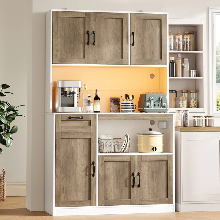 Küchenschrank, hoher Aufbewahrungsschrank mit LED-Beleuchtung und Steckdosen, Vorratsschrank mit 6 Türen und 1 Schublade, Vitrinenschrank für Wohnzimmer und Esszimmer, 110 × 40 × 180 cm--Weiß+Natur--110x40x180cm--YOUDENOVA