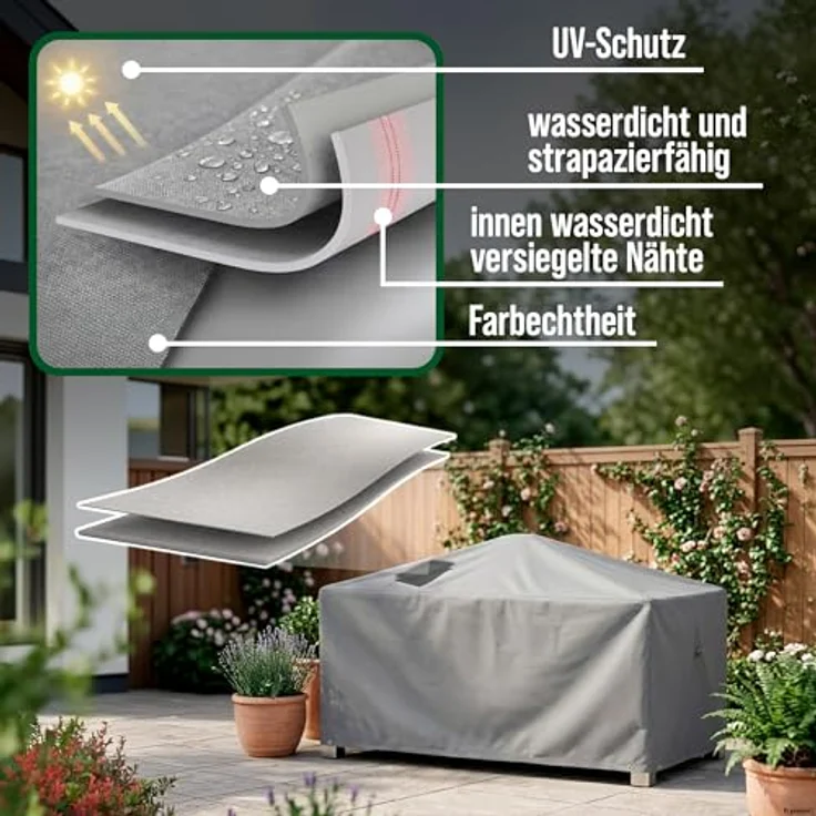 Mehr Garten Abdeckung Gartentisch eckig 305x125x71 cm, grau, Oxford 600D, wasserdicht, UV-beständig und wetterfest, Schutzhülle für Gartenmöbel – Bild 3