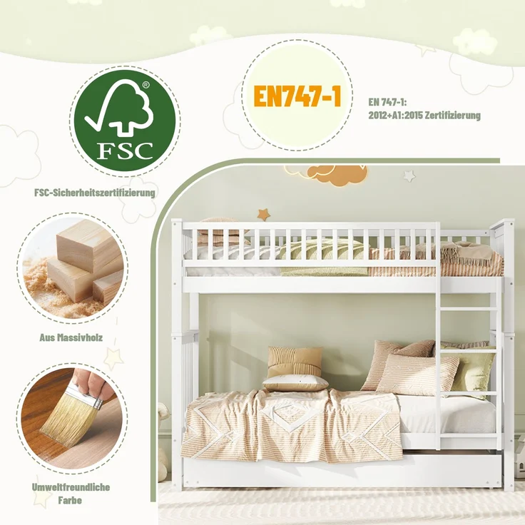 Etagenbett 90x200 cm mit Ausziehbett und Treppe, Kinderbett mit hoher Absturzsicherung,abnehmbares Massivholzbett mit stabilem Rahmen,Weiß – Bild 6
