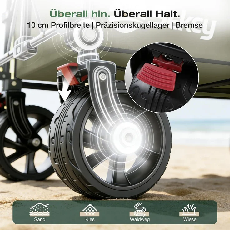 Sekey XXXL Verlängerter Bollerwagen Faltbar Handwagen mit Extra Breite 17x10 cm All-Terrain-Räder, 300L 200KG Belastbar, Grün – Bild 3