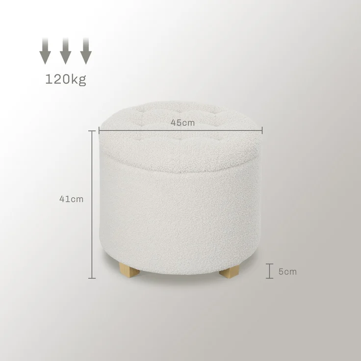 MELAYR, Runder Hocker mit Stauraum, Fußhocker aus Schlingenstoff, Belastbarkeit 120 kg, Ø 45 x 41 cm, Weiß – Bild 5