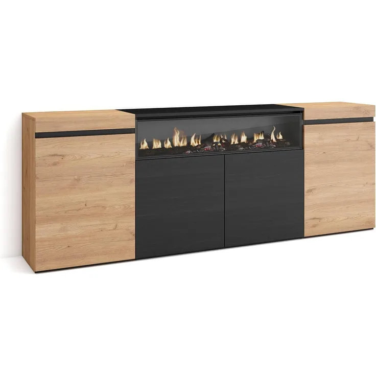 Skraut Home | Sideboard, Highboard | Kommode, Komodenschrank | 200 x 75 x 35 cm | 4 Türen | Elektrokamin. Maße | Moderner Stil | Eiche Schwarz