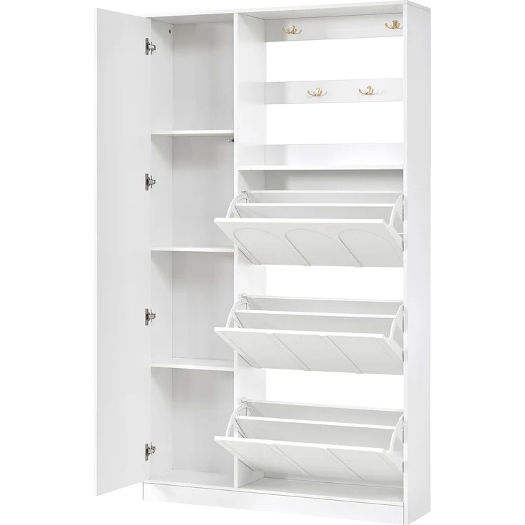 Flieks Garderobenschrank 100 x 24 x 164 cm mit Spiegel, 3 Schuhklappen, Zinkhaken, MDF und griffloser Front, Weiß – Bild 8