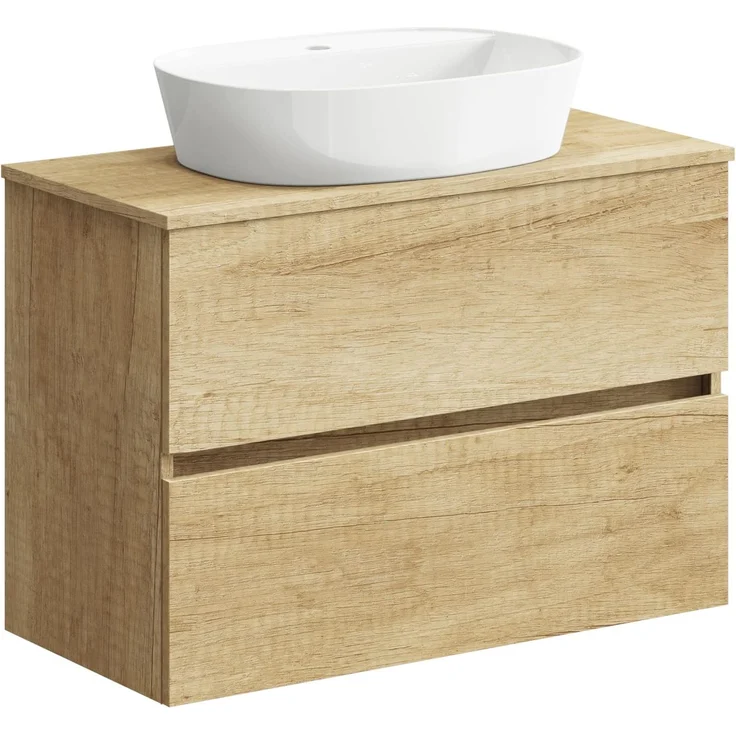 Baikal Onyx Badezimmerschrank, 2 Schubladen, Wandmontage, mit Keramikwaschbecken, montiertes Möbelstück, Melamin 16, Möbel F39 + Top + Waschbecken 80 cm Nature