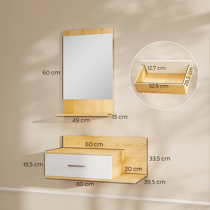 MELAYR, Wand-Eingangsbereich-Set, mit, Spiegel, und, Spiegelaufbewahrung, mit, Schublade, 80 x 39,5 x 33,5 cm, Naturholz – Bild 5