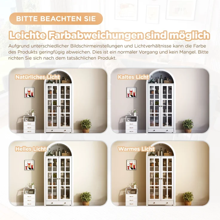 Bogen-Vitrine 75 x 35 x 170,5 cm aus MDF in Weiß mit Acryl-Türen und Schublade – Bild 9