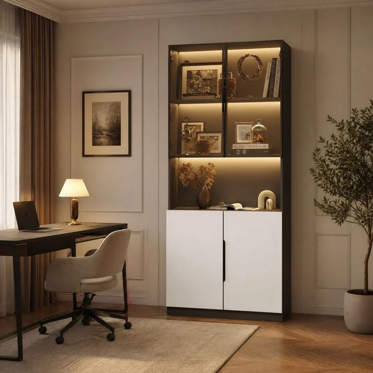 DESVIAE Vitrine mit LED-Beleuchtung und Glastüren, 80x200x30 cm, Spanplatte, Weiß/Schwarz – Bild 3