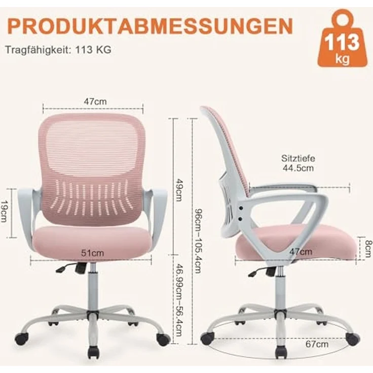 DUMOS Bürostuhl Ergonomisch, Schreibtischstuhl mit Lendenwirbelstütze, Drehstuhl mit Armlehne, Computerstuhl, Höhenverstellbarer Office Chair, Bürostühle Geeignet für Büro und Schlafzimmer (Rosa) – Bild 2