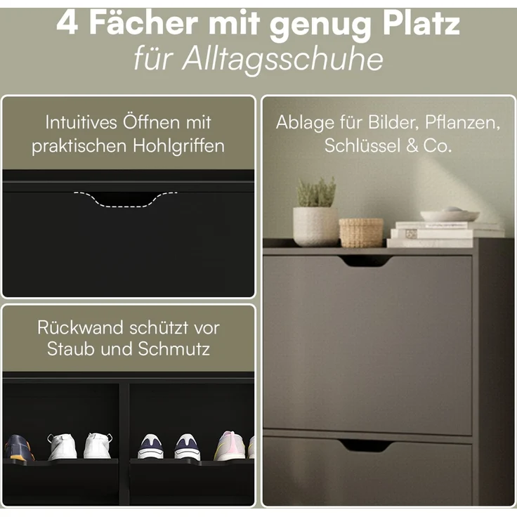 Bellamio 'Ceyhan' Schuhschrank mit 4 Klappen, schmales Schuhregal, schwarz, 100x19x90 cm, Schuhkipper für 8 paar Schuhe – Bild 3