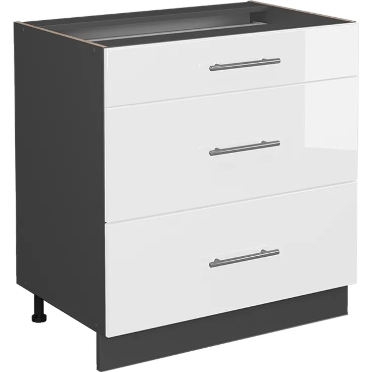 Küchenunterschrank Fame-Line Weiß Hochglanz 80 cm mit 3 Schubladen, ohne Arbeitsplatte Vicco