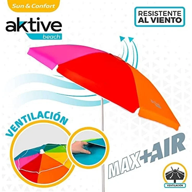 AKTIVE Strandschirm 220 cm, großer Sonnenschirm, belüftetes Dach, 28-32 mm Mast, UV 50 Schutz, mehrfarbiges Design, inkl. Aufbewahrungstasche (62222) – Bild 3