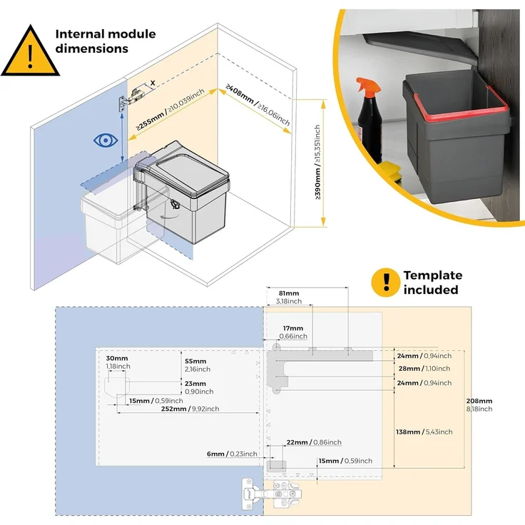 Emuca 8935423 Abfallsammler für möbeltür, Mülleimer 15L mit automatisch öffnendem Deckel und türmontage, grau anthrazit – Bild 5