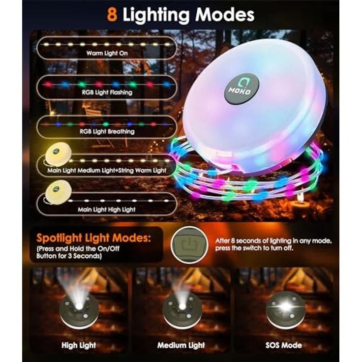MoKo Camping Lichterkette, 3-in-1 Tragbare Wiederaufladbare LED Lichterkette mit 8 Beleuchtungsmodi, Wasserdichte Campinglampe und Taschenlampe für Outdoor und Zeltdekoration – Bild 3