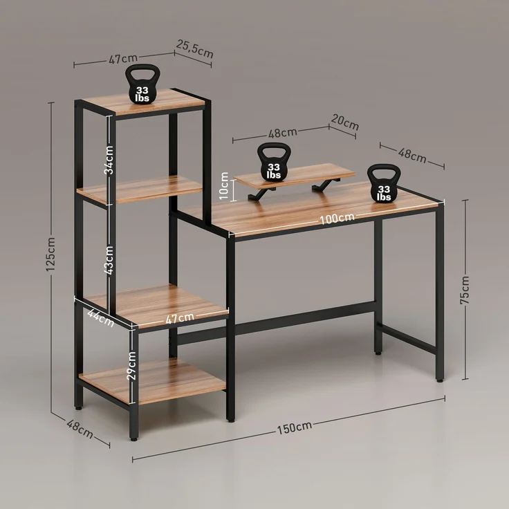 Computertisch mit Monitorständer, Schreibtisch mit 4-stufigem Regal, Industrielles Design, Braun--Braun--125x48x150cm--YOUDENOVA – Bild 5