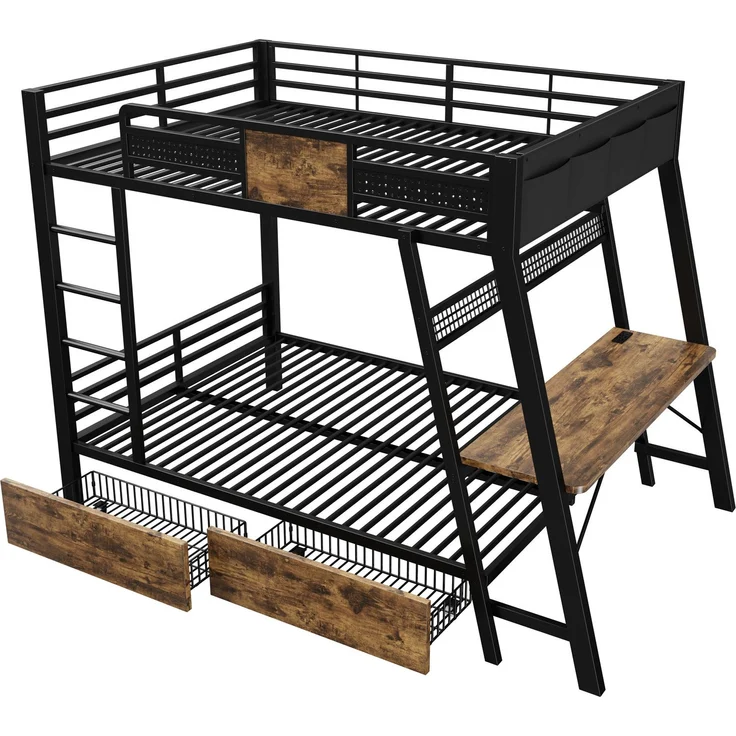 Merax Metall-Etagenbett 140x200 cm, integrierter Gaming-Schreibtisch mit Steckdosen, USB- und Type-C-Anschlüssen, mit LED-Lichtband, zwei Aufbewahrungskörben, Schwarz – Bild 7