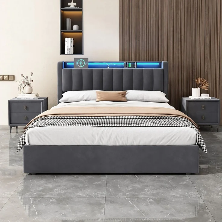 STILVORA Polsterbett 90×200 mit bettkasten,Bettgestelle Boxspringbett mit USB & LED-Licht (Funktionsbett mit Fernbedienung, Gepolsterter Rand, Samtstoff, Metallrahmen, Kompfort, Grau), Jugendbett ohne matratze, Stauraumbett für verschiedene Raumstile – Bild 2