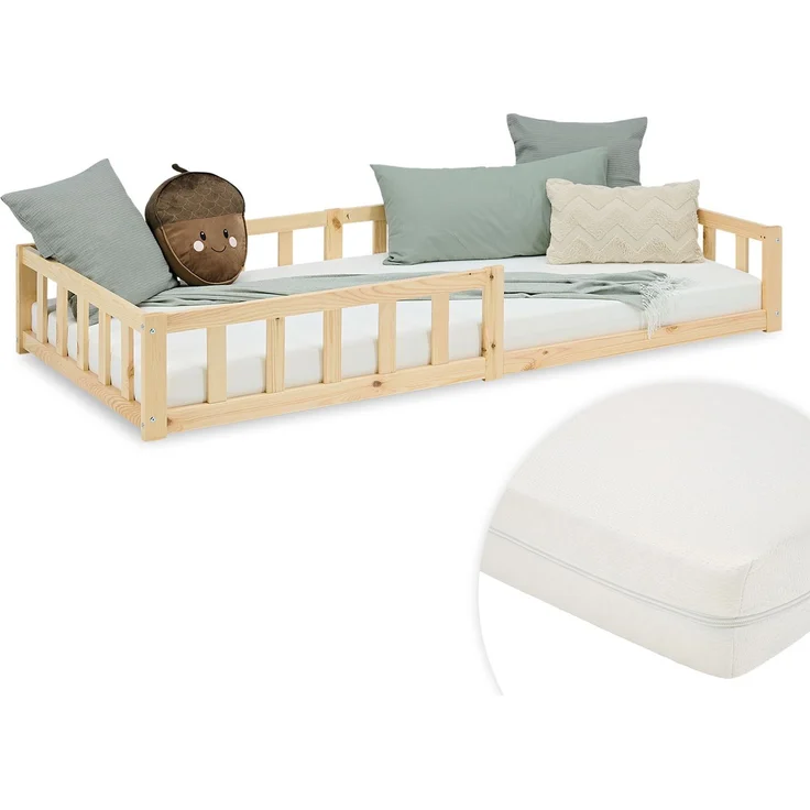 Kinderbett 90x200 mit Matratze Bodenbett mit Rausfallschutz Montessori Bett Kleinkindbett Holz Kiefer Natur Massiv Einzelbett Lattenrost – Bild 1