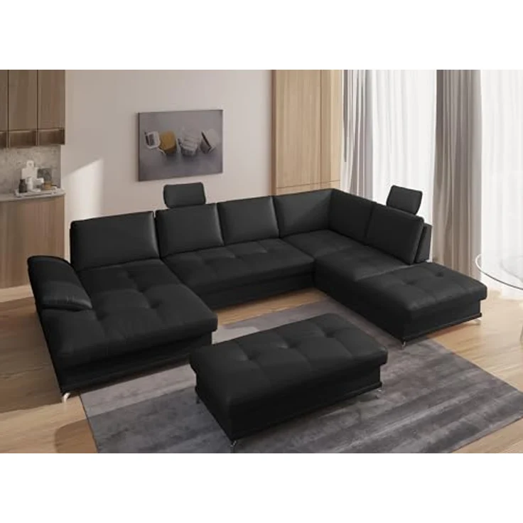 Cavadore Wohnlandschaft Castiel mit Federkern / Sofalandschaft mit XL-Longchair, Sitztiefenverstellung, Kopfstützen und satinierten Metallfüßen / 363x89-104x223 / Echtleder, Schwarz – Bild 3