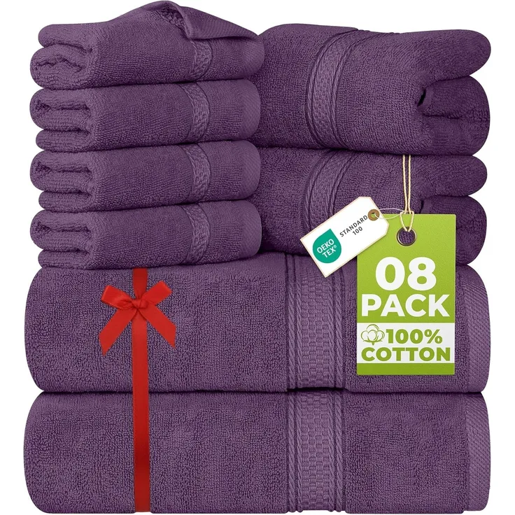Utopia Towels - 8 teilig Handtücher Set aus Baumwolle mit Aufhänger - 2 Badetuch, 2 Handtücher und 4 Washclappen - (Pflaume)