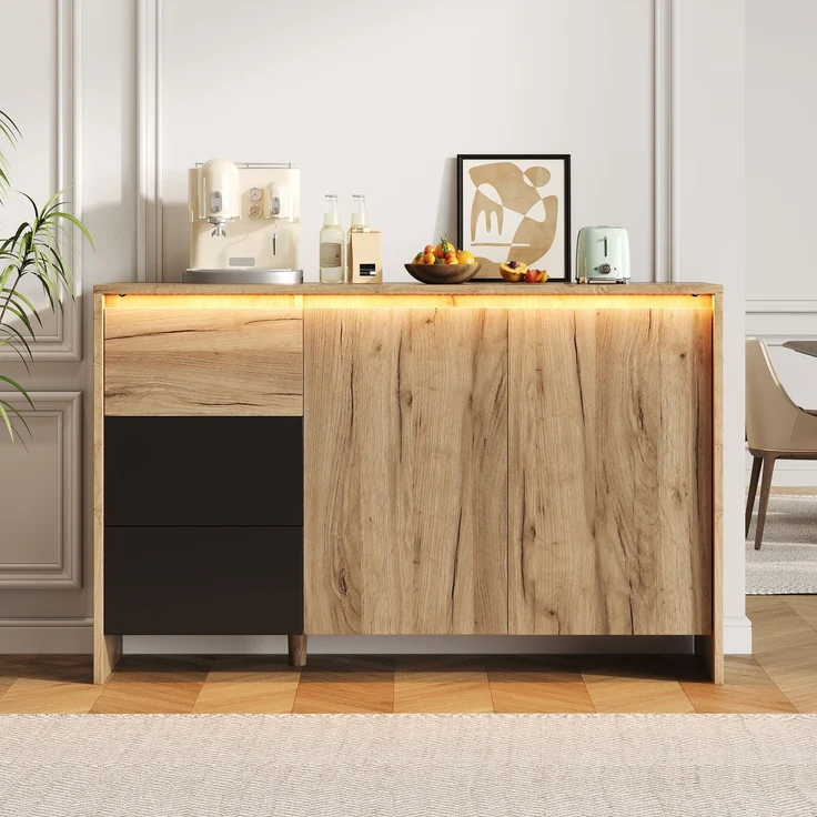 Merax Sideboard, Küchenschrank, Kommode mit 3 Schubladen und 2 Türen, Mehrfarbige LED-Lichteffekte, Buffetschrank für Wohnzimmer, Esszimmer, Holzfarbe&Schwarz – Bild 3