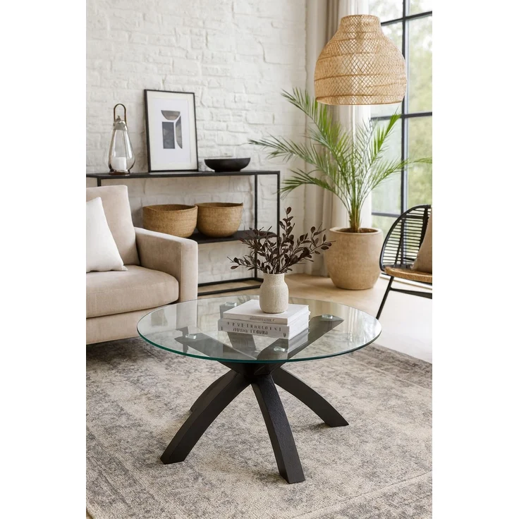 Couchtisch mit Glasplatte Ø80 cm – Rund, Eiche-Massivholz schwarz lackiert – Bild 1