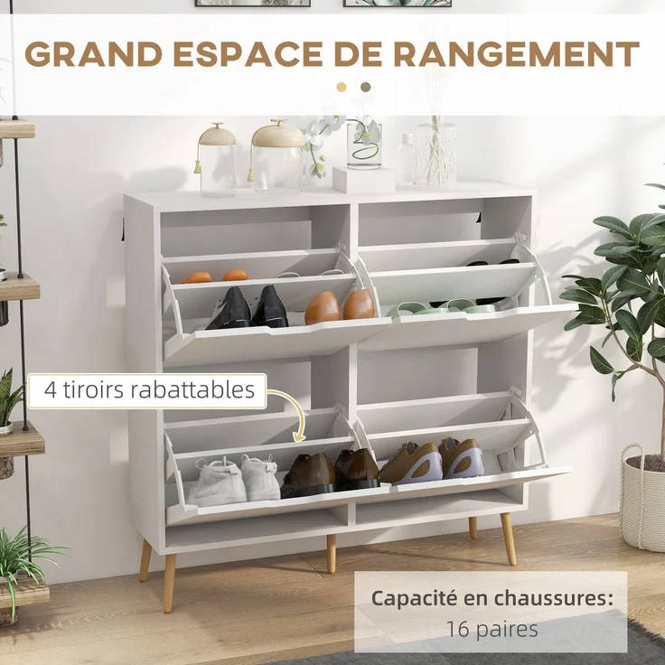 Schuhschrank mit 4 Klappen für 16 Paar Schuhe, mit verstellbarem Einlegeboden, Füße aus Kiefernholz, 95 x 26 x 95 cm, weiß – Bild 6