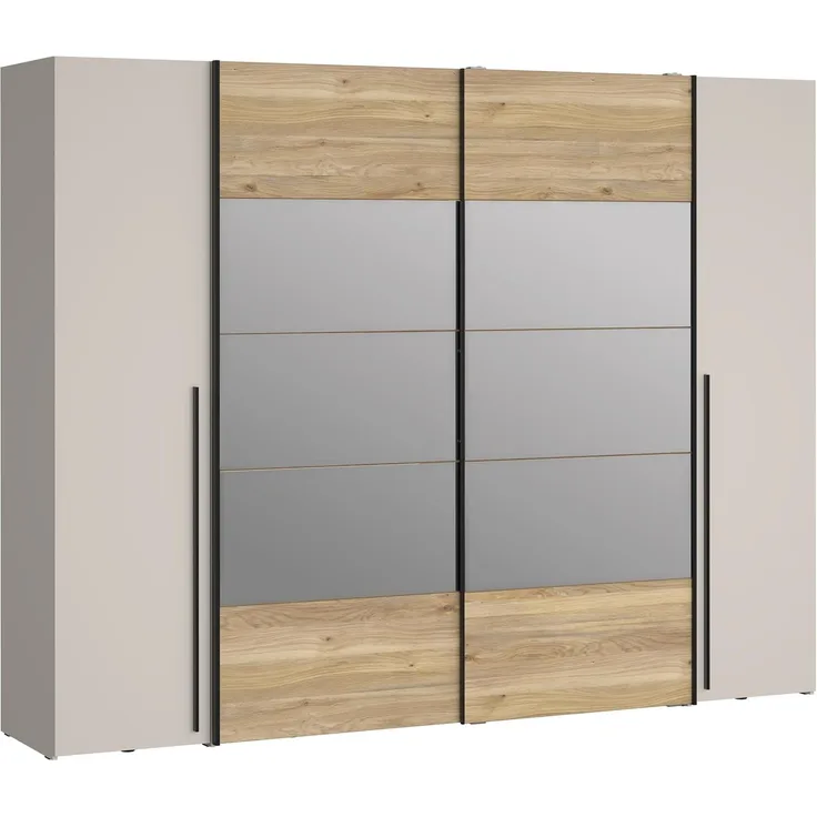 Forte NARAGO Kleiderschrank 270, moderner Dreh-/Schwebetürenschrank, 4-türig, Einlegeböden, Kleiderstangen, Holzwerkstoff, Eiche Holzdekor/Kaschmir Beige, 270,3 cm breit x 210,5 cm hoch x 61,2 cm tief