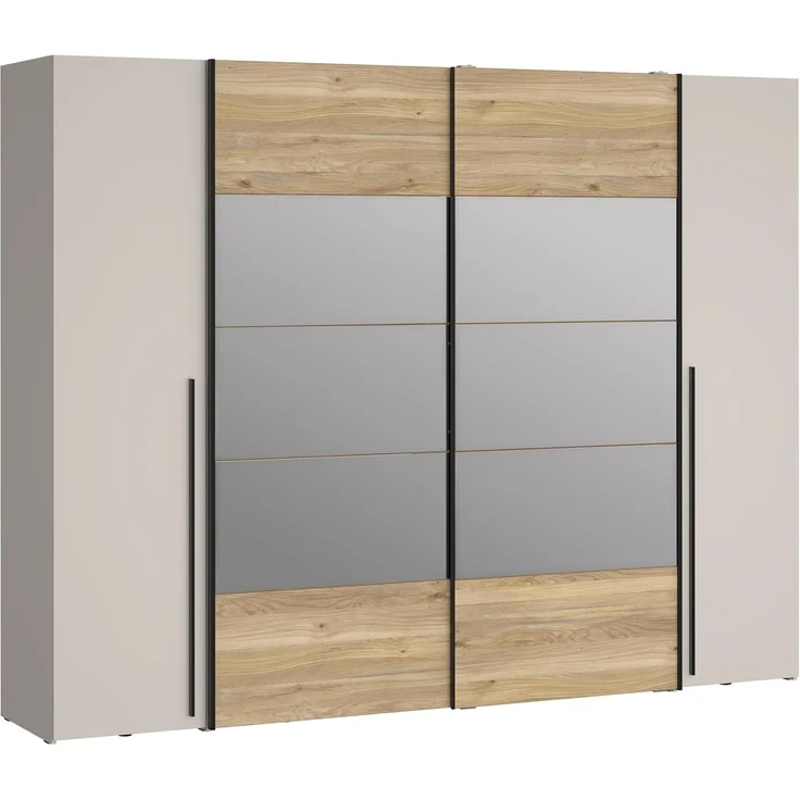 Forte NARAGO Kleiderschrank 270, moderner Dreh-/Schwebetürenschrank, 4-türig, Einlegeböden, Kleiderstangen, Holzwerkstoff, Eiche Holzdekor/Kaschmir Beige, 270,3 cm breit x 210,5 cm hoch x 61,2 cm tief