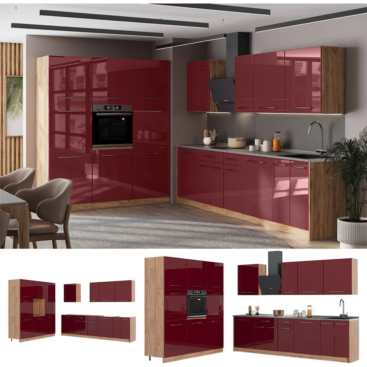 Küchenzeile Fame-Line Bordeaux Hochglanz/Goldkraft Eiche 460 cm, AP Anthrazit Vicco – Bild 3