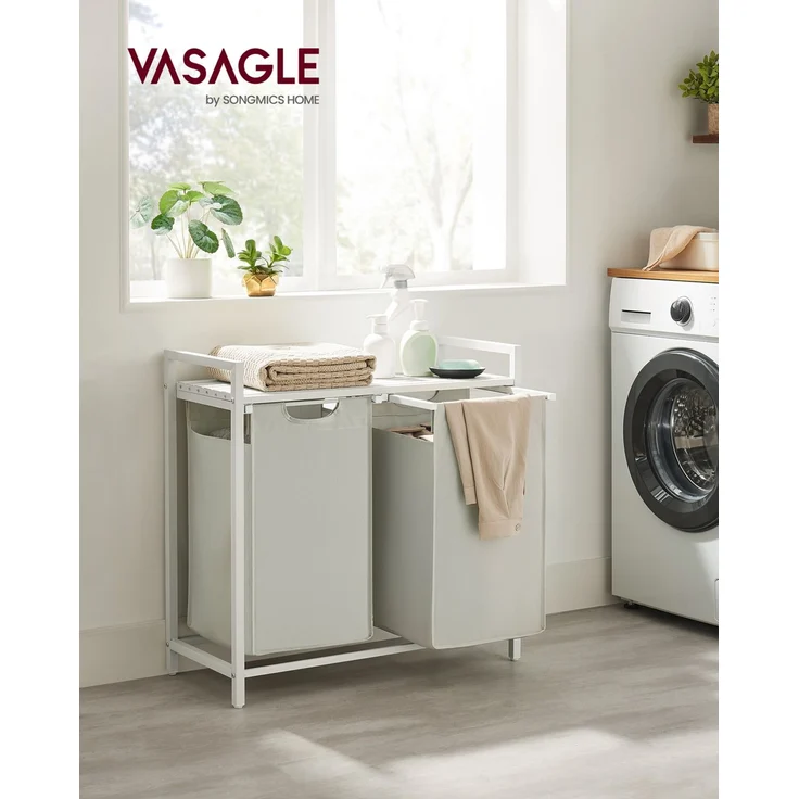 Vasagle Wäschekorb mit 2 Fächer, Metallrahmen Weiß, 2x46 L / 73 x 33 x 72 cm – Bild 5