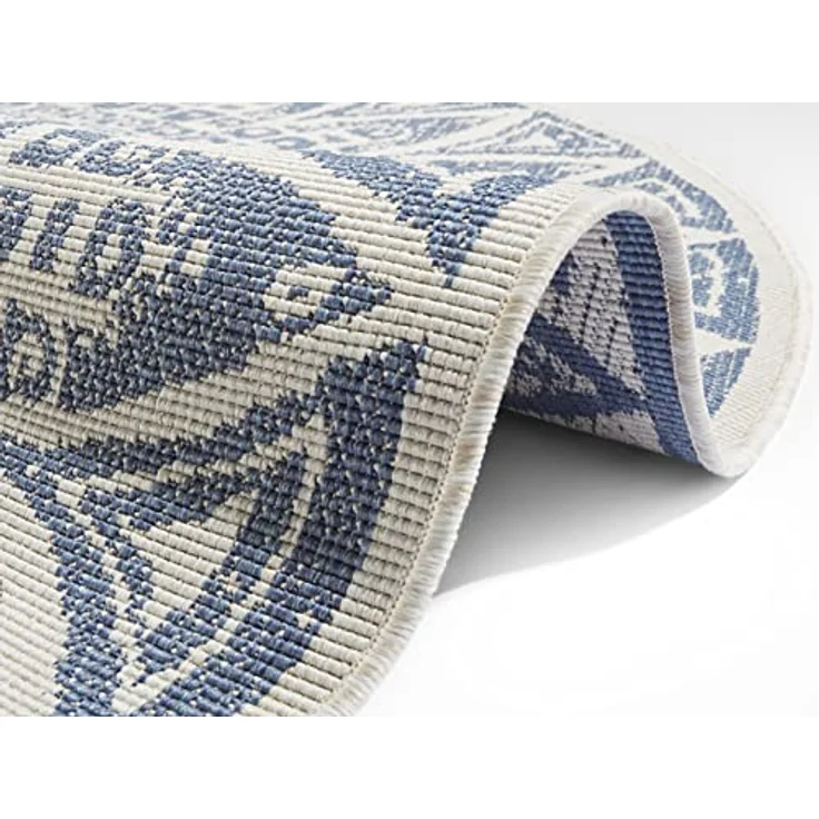 XXXL Flachwebeteppich Nora, rund, Blau und Creme, Mandala, Oeko-Tex® Standard 100, UV-beständig, pflegeleicht, für Fußbodenheizung geeignet, verschiedene Größen erhältlich – Bild 5