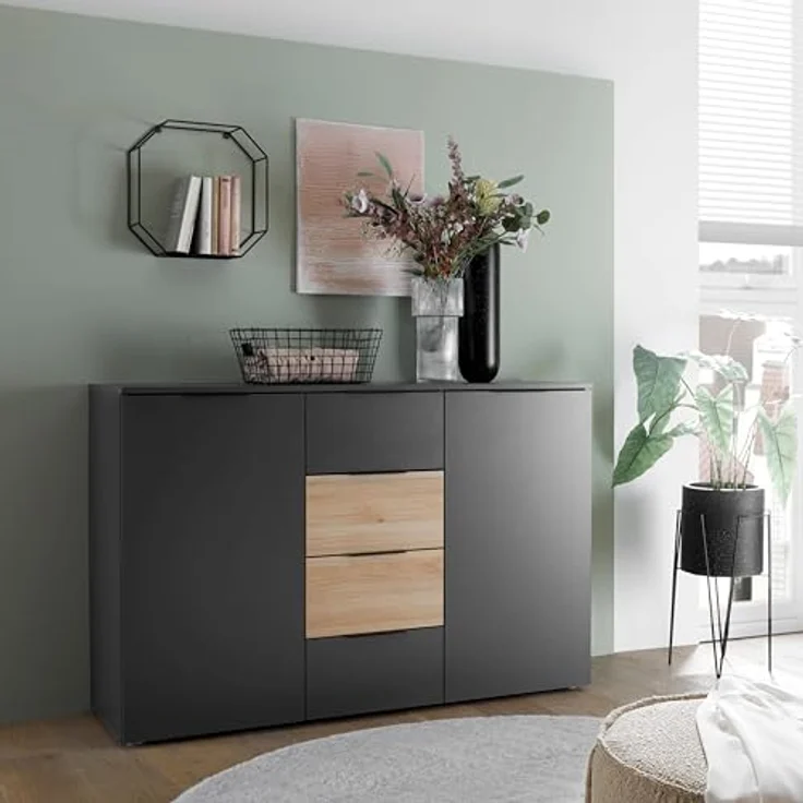 Stella Trading ASKA Kommode in Graphit, Mauvella Eiche Optik - Modernes Sideboard mit Schubladen für Ihr Schlafzimmer - 135 x 89 x 40 cm (B/H/T) – Bild 3