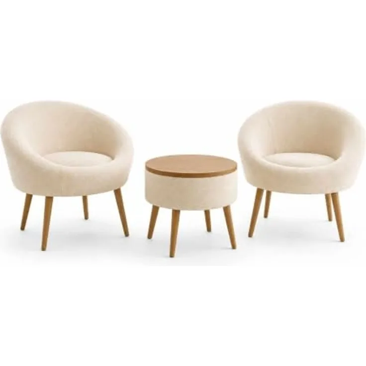 Hanah Home Elegantes Ohrensessel- und Couchtisch-Set (3-teilig), Creme, 100% Leinen und Esche | 18 mm melaminbeschichtet | Moderner Komfort