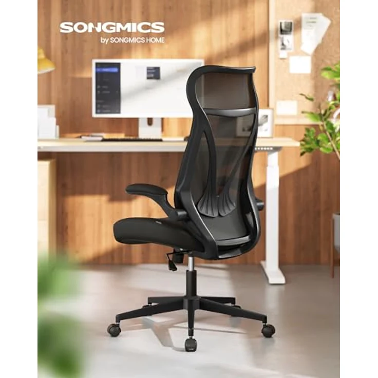 SONGMICS Bürostuhl, Schreibtischstuhl, ergonomische Rückenlehne, höhenverstellbar, hochklappbare Armlehnen, Drehstuhl mit Kopfstütze, bis 150 kg belastbar, tintenschwarz OBN088B01 – Bild 4