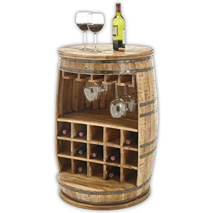Bar Fass FIASKO Bartheke Mango massiv mit Weinregal Ø 58 cm