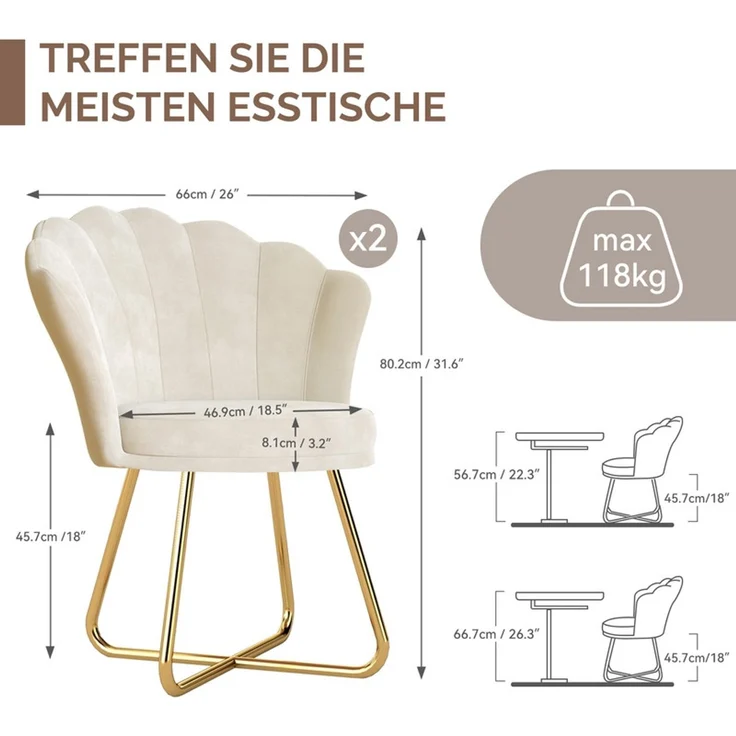 Hawthyhome Polsterstuhl Polstersessel 2er Set mit Blütenblatt-Rückenlehne & goldenen Metallbeinen, hohe Rückenlehne mit Kopfstütze, Wasserfall-Sitzkissen, gepolsterte Armlehnen, SGS-zertifiziert & bis 150 kg belastbar, elegantes Design, ideal für Esszi... – Bild 2